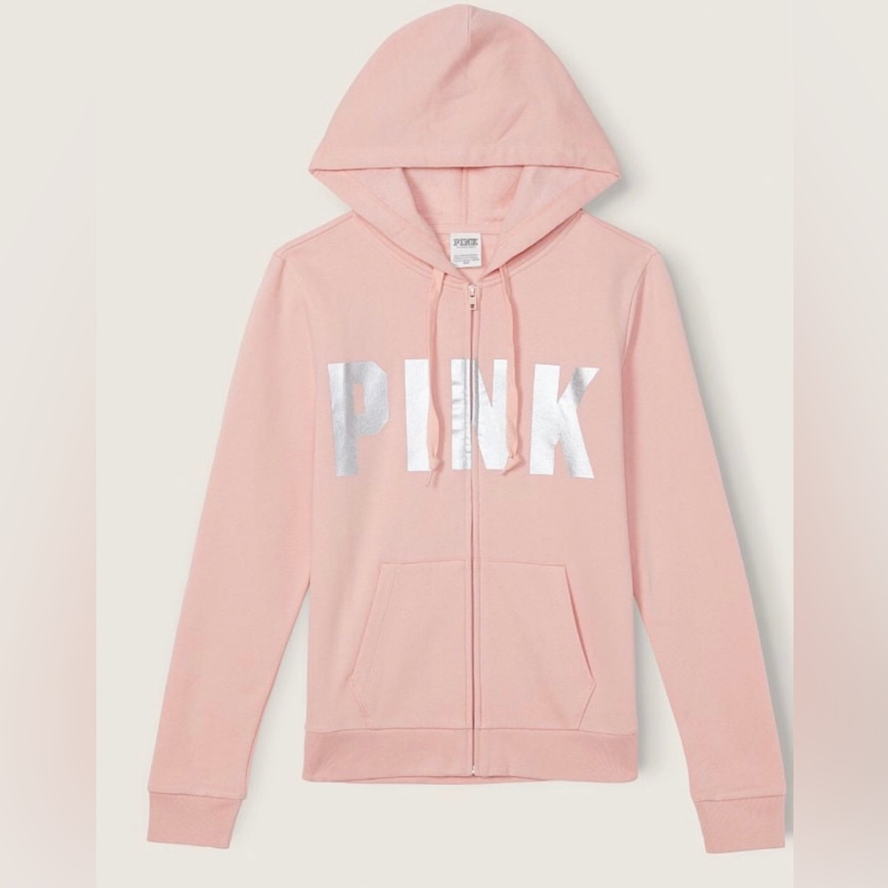 NWT VS/PINK Fleece Zip-Up Everyday Hoodie.  Size Large  
Silver Pink Shine Sans
